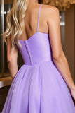 Chiffon A Line Spaghetti Straps Short Purple Homecoming Dress with Rhinestone