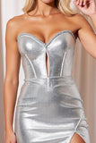 Short Metallic Satin Bodycon Strapless Silver Homecoming Dress with Slit