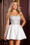 A Line Satin Short White Homecoming Dress with Rhinestone