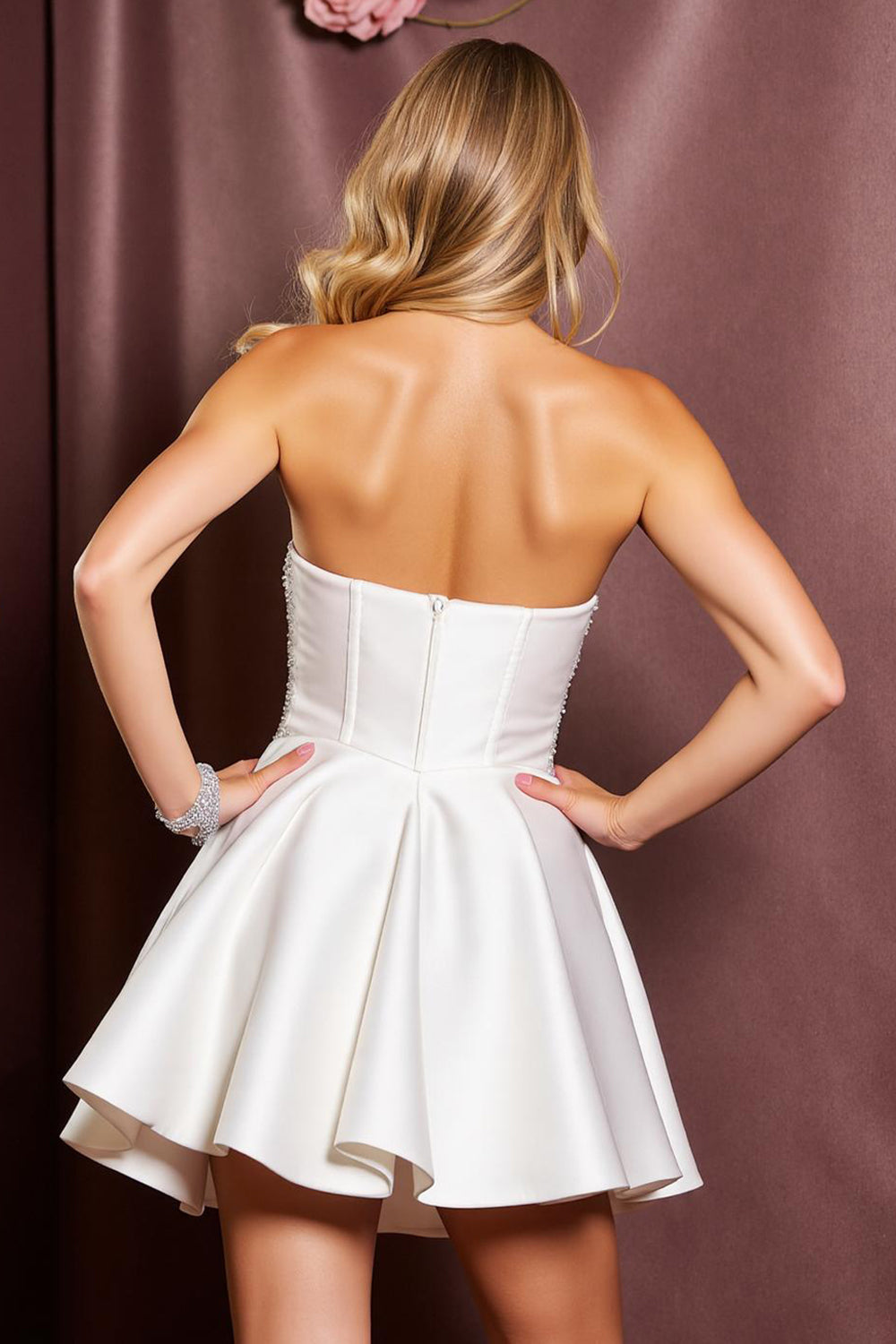 A Line Satin Short White Homecoming Dress with Rhinestone