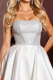A Line Satin Short White Homecoming Dress with Rhinestone