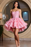A Line Short Tiered Organza Pink Homecoming Dress with Rhinestone
