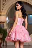 A Line Short Tiered Organza Pink Homecoming Dress with Rhinestone