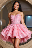 A Line Short Tiered Organza Pink Homecoming Dress with Rhinestone
