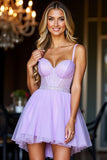 A Line Spaghetti Straps Short Purple Homecoming Dress with Rhinestone