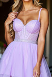 A Line Spaghetti Straps Short Purple Homecoming Dress with Rhinestone
