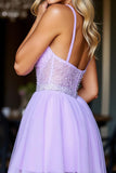 A Line Spaghetti Straps Short Purple Homecoming Dress with Rhinestone