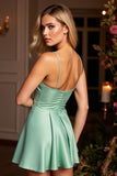 Green Satin A Line Spaghetti Straps Short Homecoming Dress with Rhinestone