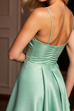 Green Satin A Line Spaghetti Straps Short Homecoming Dress with Rhinestone