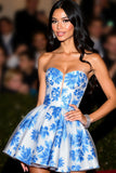 A Line Strapless Short White Blue Flower Homecoming Dress