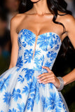 A Line Strapless Short White Blue Flower Homecoming Dress