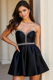 A Line Short Satin Black Homecoming Dress with Rhinestone