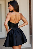 A Line Short Satin Black Homecoming Dress with Rhinestone