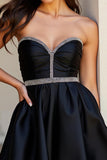 A Line Short Satin Black Homecoming Dress with Rhinestone
