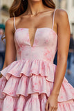 A Line Spaghetti Straps Short Pink Flower Homecoming Dress with Ruffles