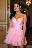 A Line Short Tiered Satin Hot Pink Homecoming Dress with Ruffles