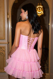 A Line Short Tiered Satin Hot Pink Homecoming Dress with Ruffles