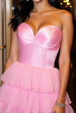 A Line Short Tiered Satin Hot Pink Homecoming Dress with Ruffles