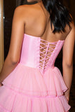 A Line Short Tiered Satin Hot Pink Homecoming Dress with Ruffles