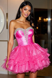 A Line Short Satin Fuchsia Homecoming Dress with Ruffles