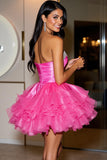 A Line Short Satin Fuchsia Homecoming Dress with Ruffles