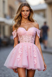 A Line Short Tulle Pink Homecoming Dress with Appliques