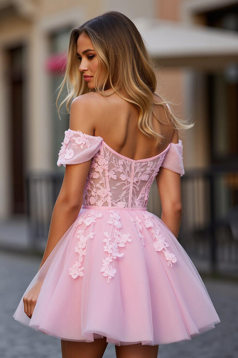 A Line Short Tulle Pink Homecoming Dress with Appliques