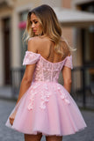 A Line Short Tulle Pink Homecoming Dress with Appliques