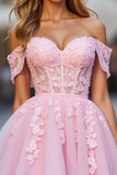A Line Short Tulle Pink Homecoming Dress with Appliques