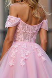 A Line Short Tulle Pink Homecoming Dress with Appliques