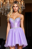 Purple Short Satin A Line Spaghetti Straps Homecoming Dress with Rhinestone