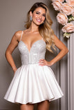 A Line Short Satin White Homecoming Dress with Rhinestone