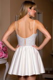 A Line Short Satin White Homecoming Dress with Rhinestone