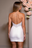 White Bodycon Short Stretch Satin Homecoming Dress with Rhinestone