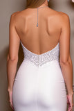 White Bodycon Short Stretch Satin Homecoming Dress with Rhinestone