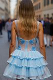 White Blue Flower Tulle A Line Short Homecoming Dress with Ruffles