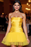 Yellow Satin Strapless Short Homecoming Dress with Ruffles