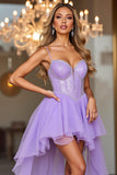 Sparkly Purple Corset Spaghetti Straps High-Low Homecoming Dress