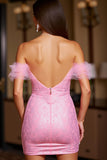Pink Lace Tight Off the Shoulder Short Homecoming Dress