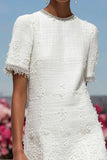 White Tweed Sheath Round Neck Short Homecoming Dress