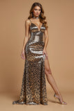 Golden Leopard Cheetah Print Sheath Long Holiday Party Dress With Slit