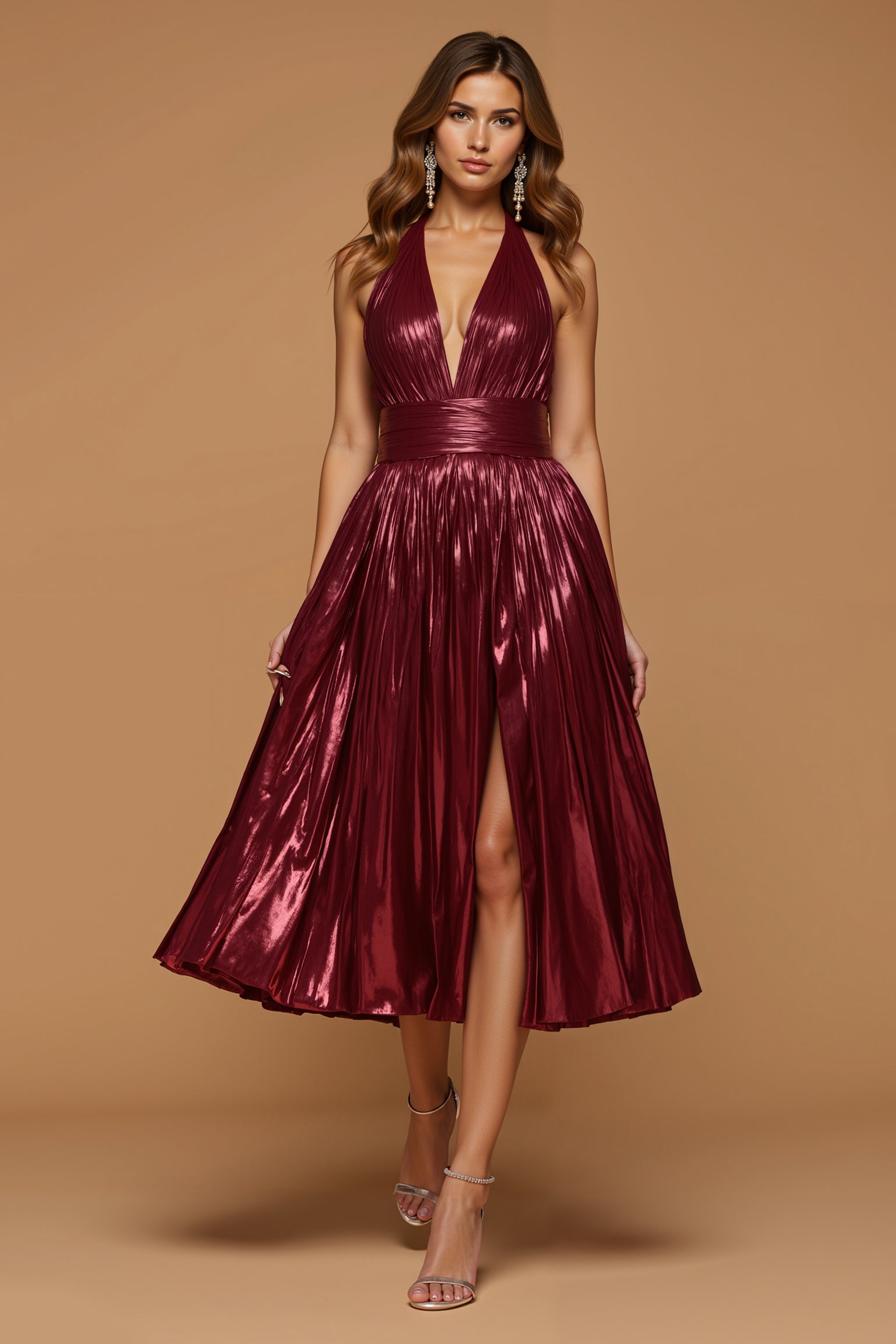 Sparkly Burgundy Metallic Halter A Line Holiday Party Dress With Slit