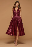 Sparkly Burgundy Metallic Halter A Line Holiday Party Dress With Slit