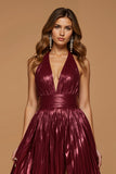 Sparkly Burgundy Metallic Halter A Line Holiday Party Dress With Slit