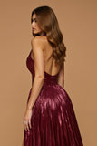 Sparkly Burgundy Metallic Halter A Line Holiday Party Dress With Slit
