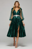 Sparkly Dark Green A Line Metallic V-Neck Holiday Party Dress With Slit