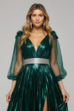 Sparkly Dark Green A Line Metallic V-Neck Holiday Party Dress With Slit