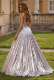 Sparkly Silver A Line Metallic V-Neck Long Holiday Party Dress