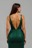 Sparkly Dark Green Mermaid V-Neck Long Holiday Party Dress With Slit
