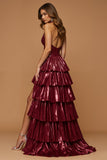 Sparkly Burgundy Metallic Halter Tiered Ruffled Long Holiday Party Dress With Slit